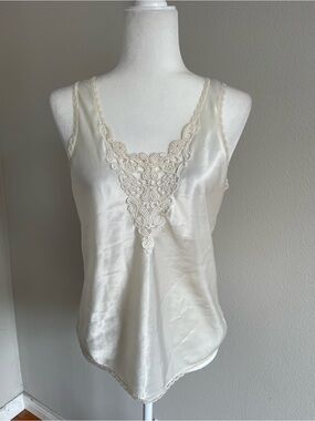 Silk-Look Cream Lace Trim V-Neck Cami Top